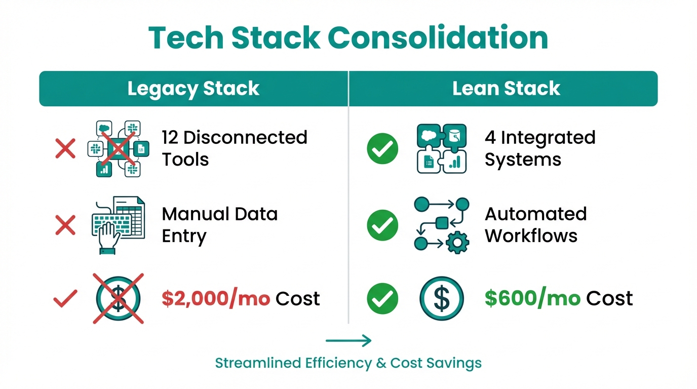 Comparison between a bloated tech stack and a lean system.