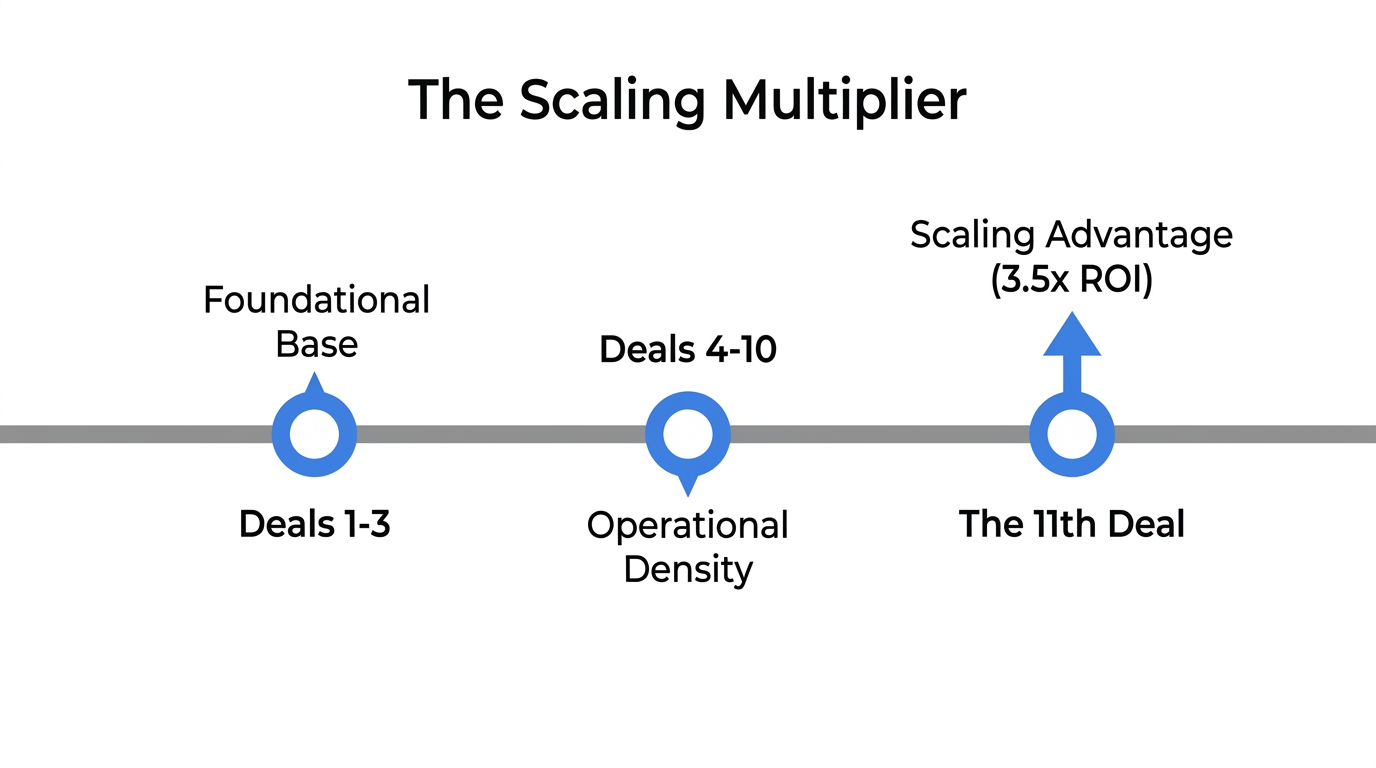Timeline showing how returns scale exponentially after the eleventh acquisition.