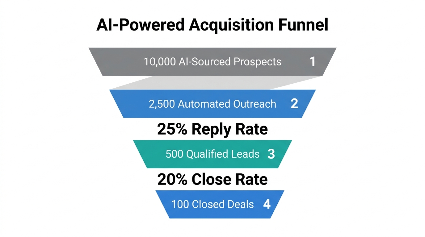 AI-driven customer acquisition funnel from prospect sourcing to closed deals.