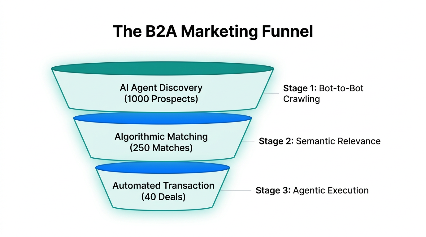 The Business-to-Agent (B2A) marketing funnel showing automated conversion stages.