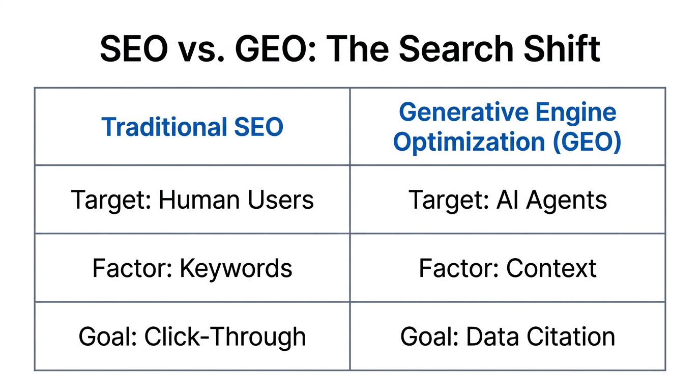 Key differences between traditional SEO and Generative Engine Optimization.
