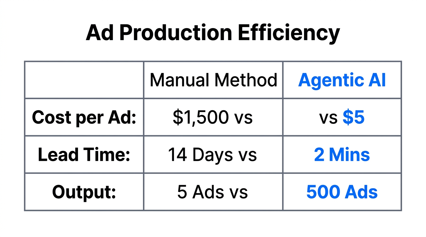 Performance comparison between manual ad production and AI-driven workflows.