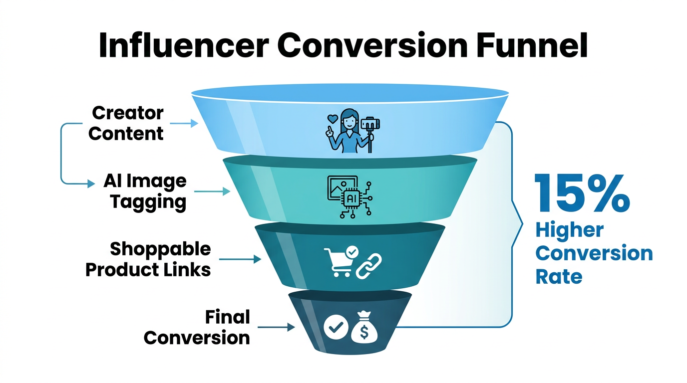 Funnel showing how influencer content converts through AI-powered tagging.