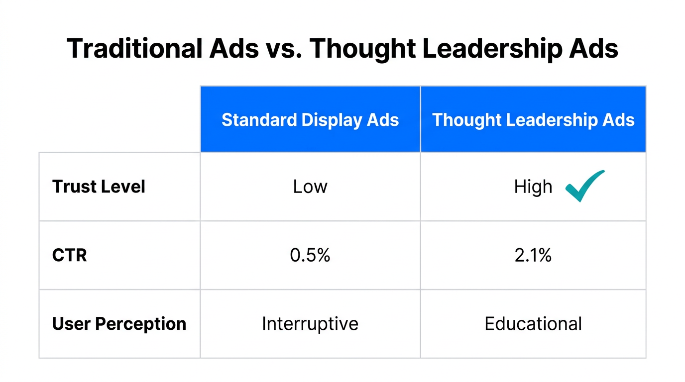 Comparison table highlighting the performance advantages of LinkedIn Thought Leadership Ads.