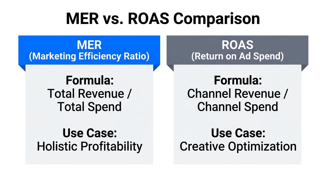 Comparison of MER and ROAS formulas and business use cases.