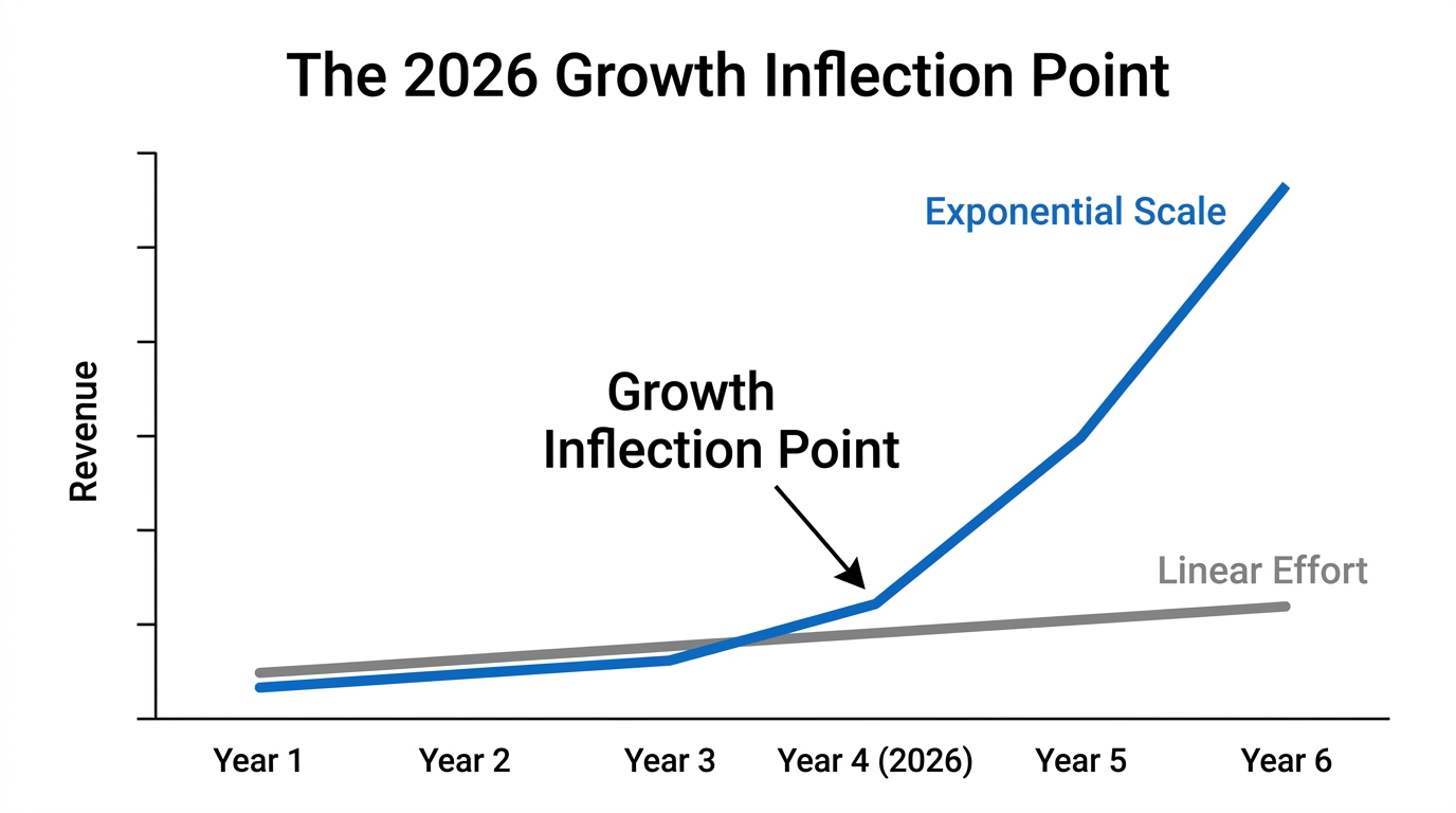 The transition from linear effort to exponential revenue growth in 2026.