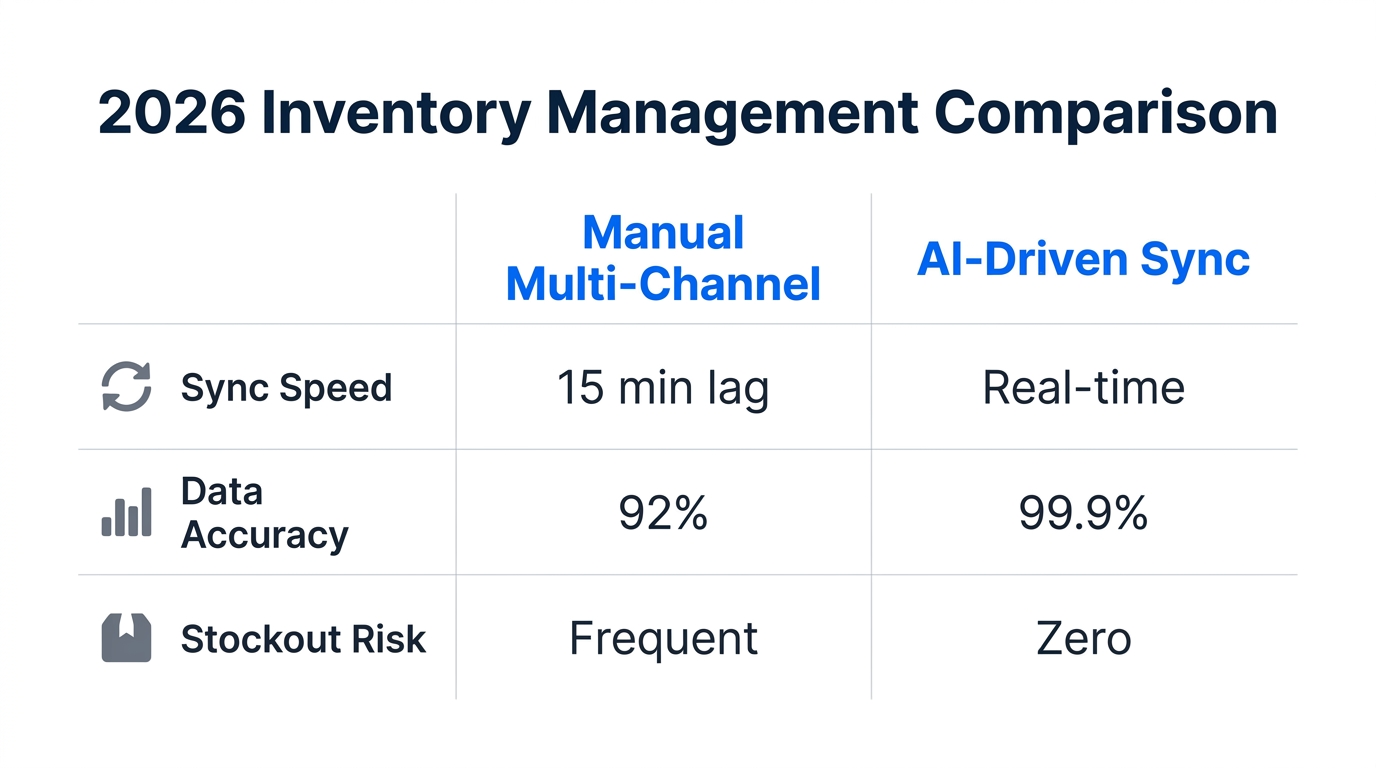 Comparison of manual sync vs. AI-driven multi-channel inventory management.