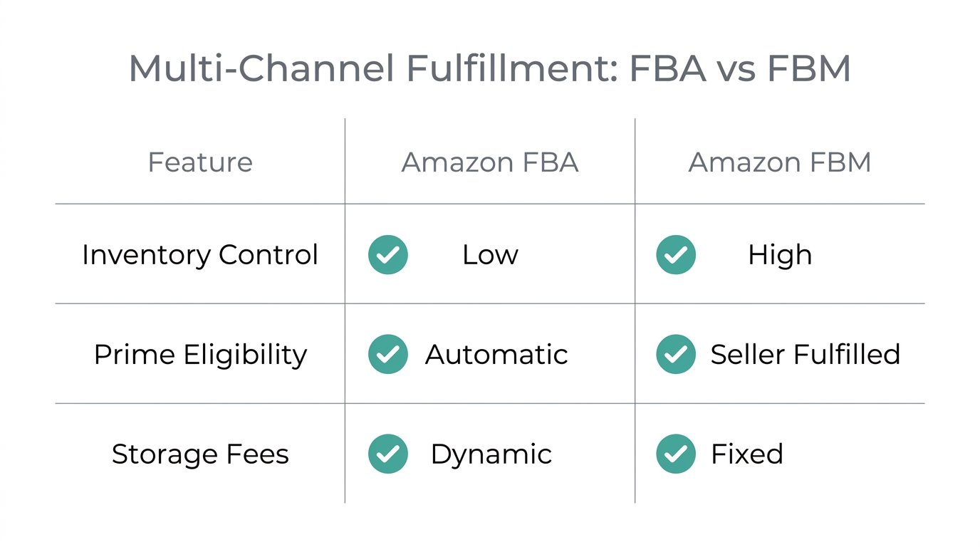 Side-by-side comparison of Amazon FBA and FBM fulfillment strategies.