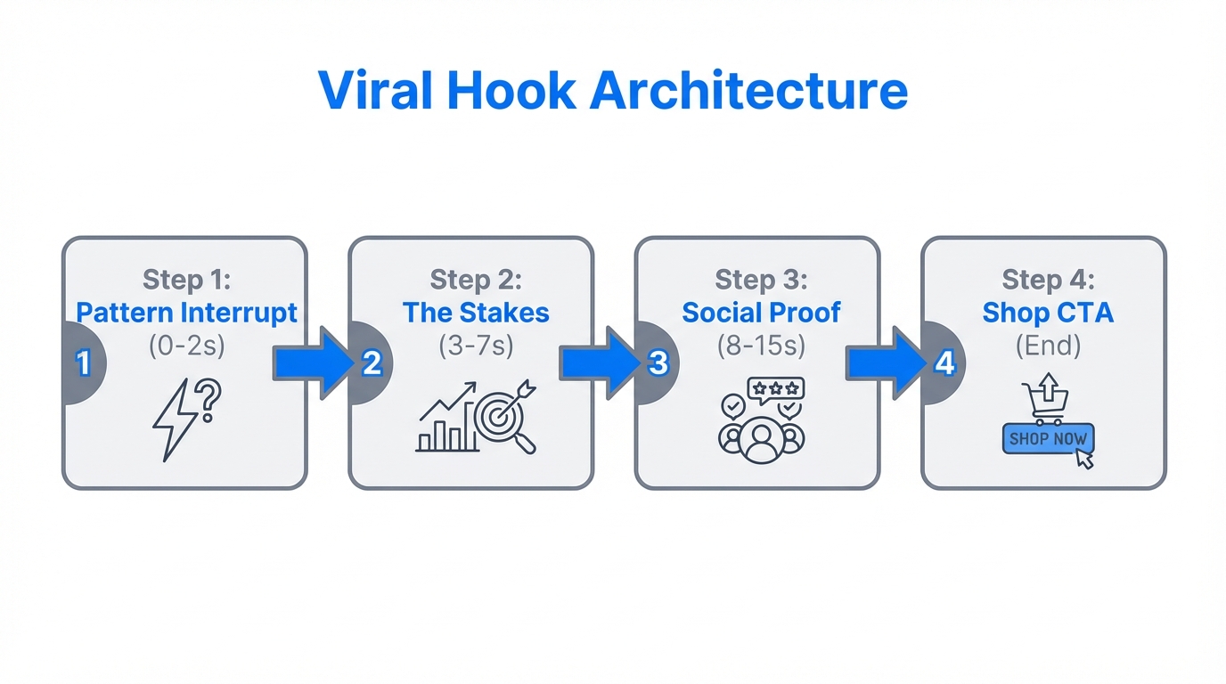 The four-step structure of high-converting viral TikTok Shop hooks.