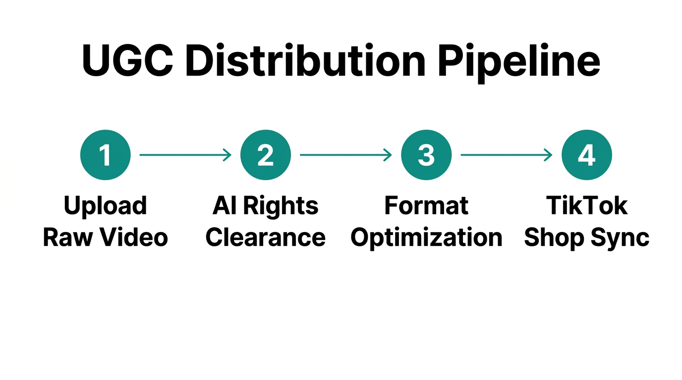 Automated pipeline for scaling UGC distribution to social storefronts.