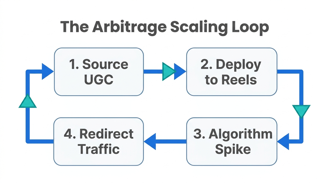 The four-step workflow for scaling app growth via Reels arbitrage.