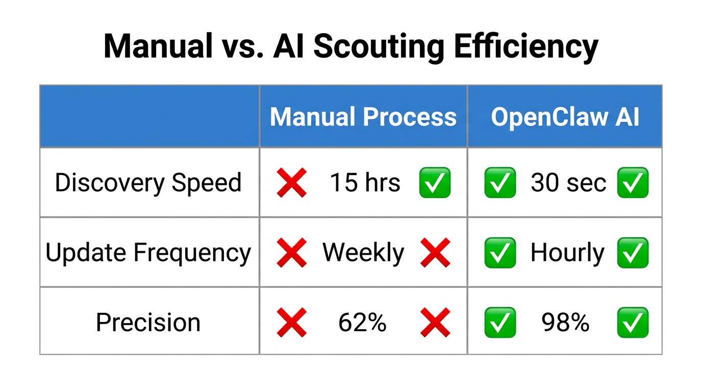 Efficiency comparison between traditional manual scouting and AI orchestration.