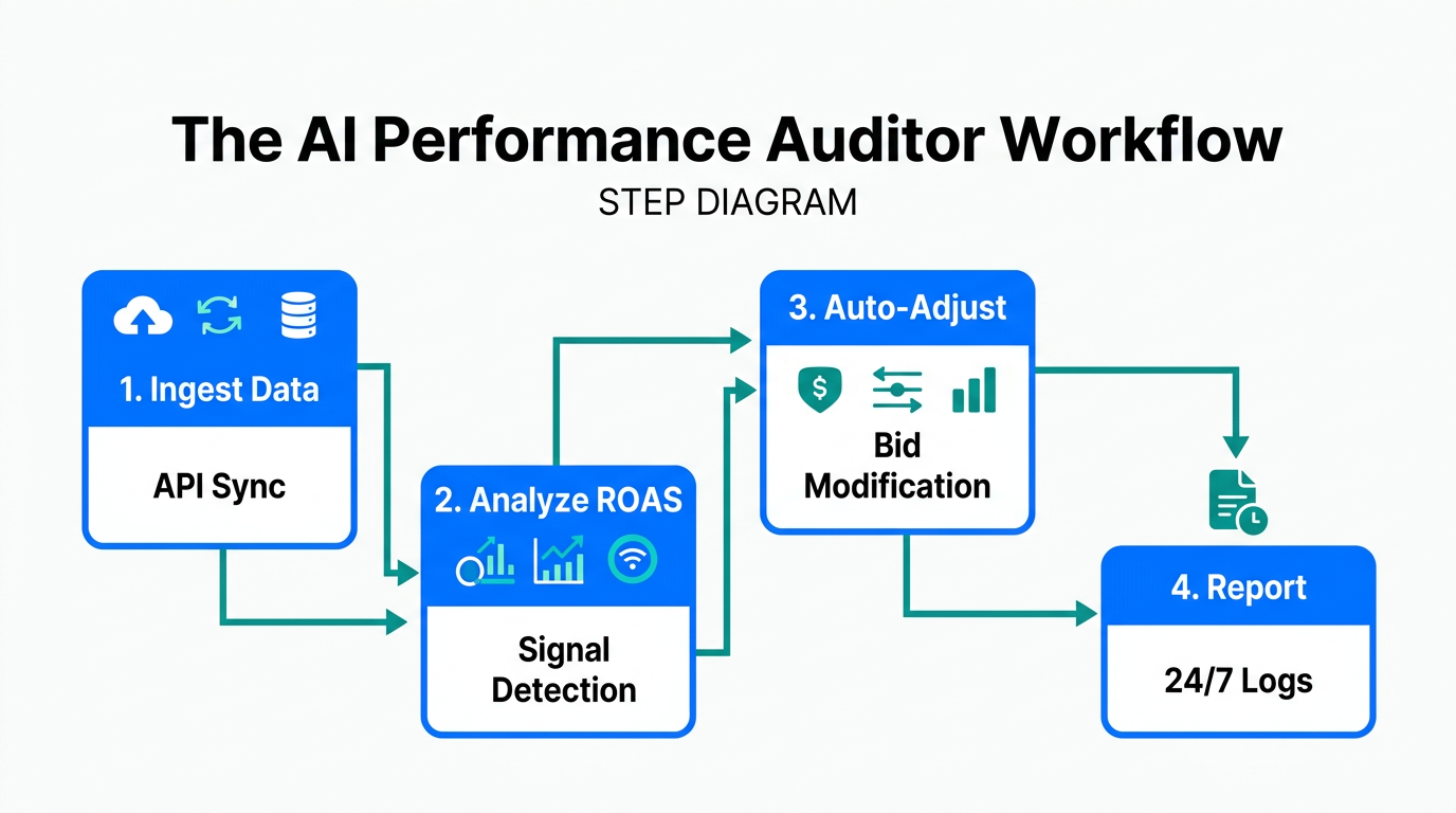 A four-step visualization of the automated AI bid auditing cycle.
