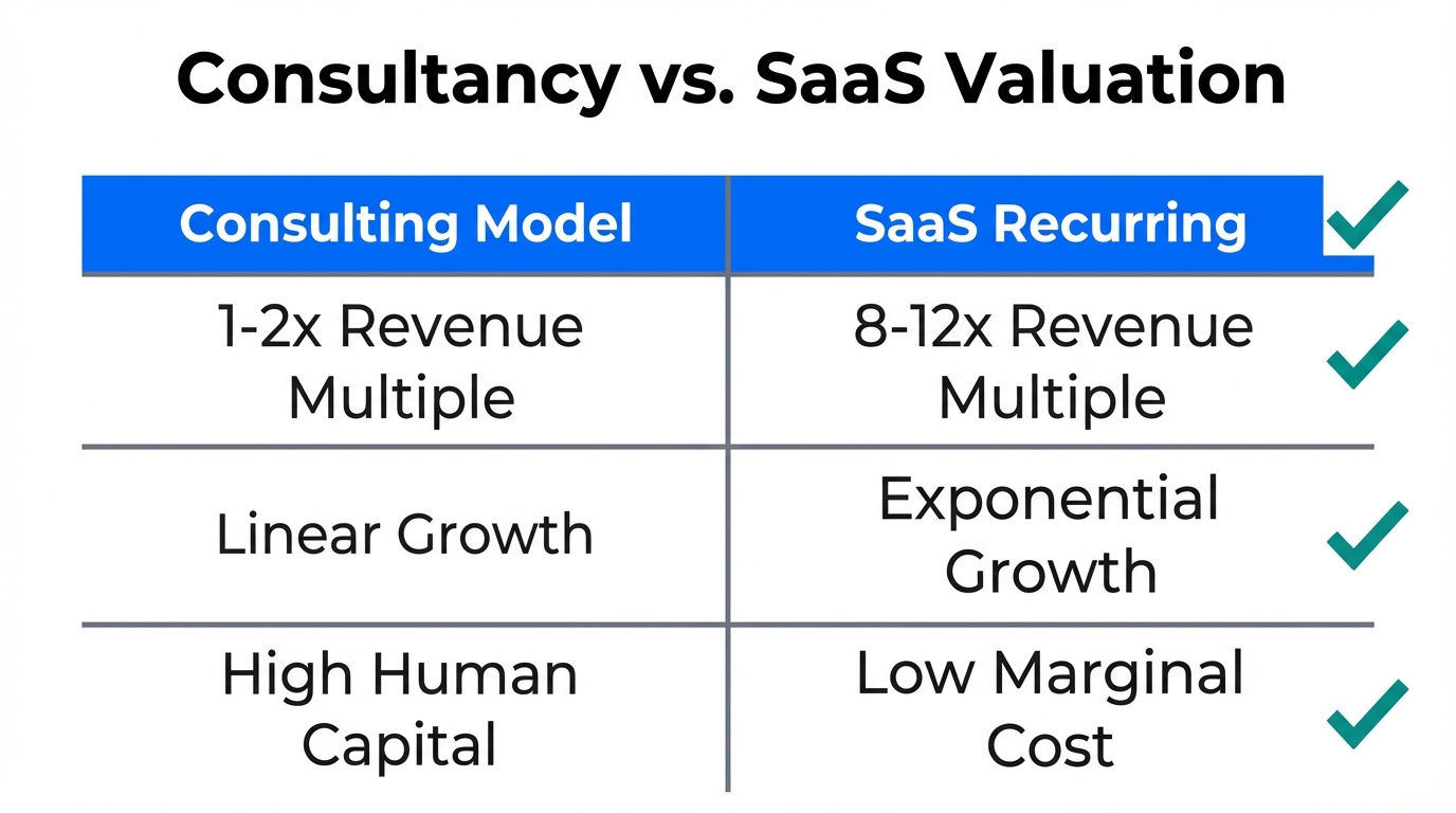 Comparison of business valuation multiples between consulting and SaaS models.