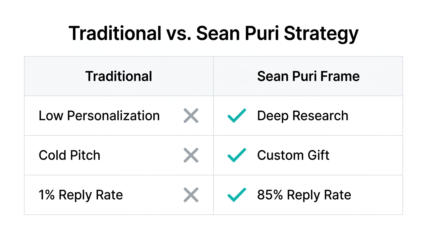 A comparison between traditional cold outreach and the Sean Puri strategy.