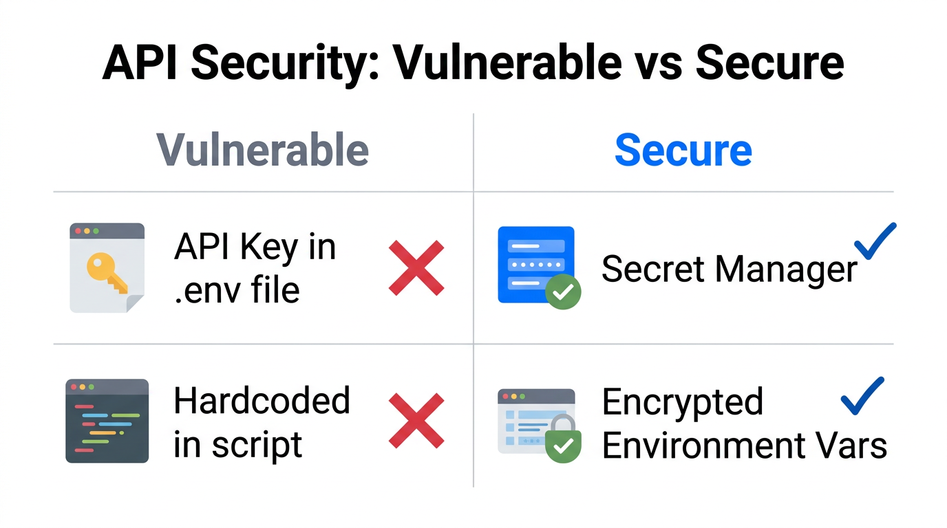 Comparison between insecure hardcoded keys and secure secret management.