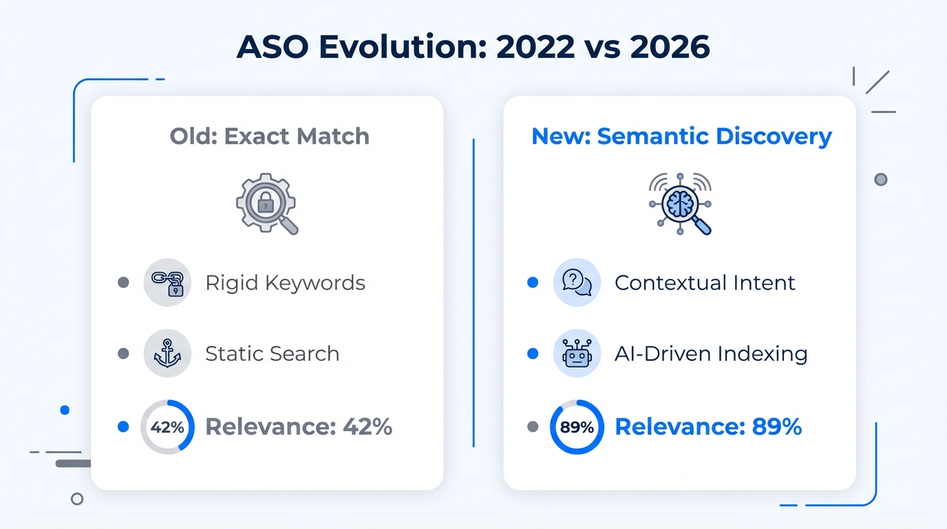 Comparison of traditional exact match vs modern semantic discovery metrics.