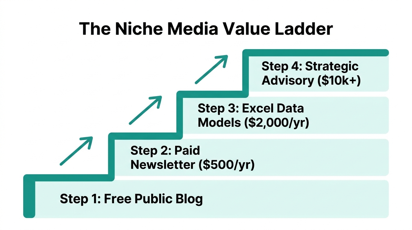 Monetization tiers showing the progression from free content to high-ticket models.