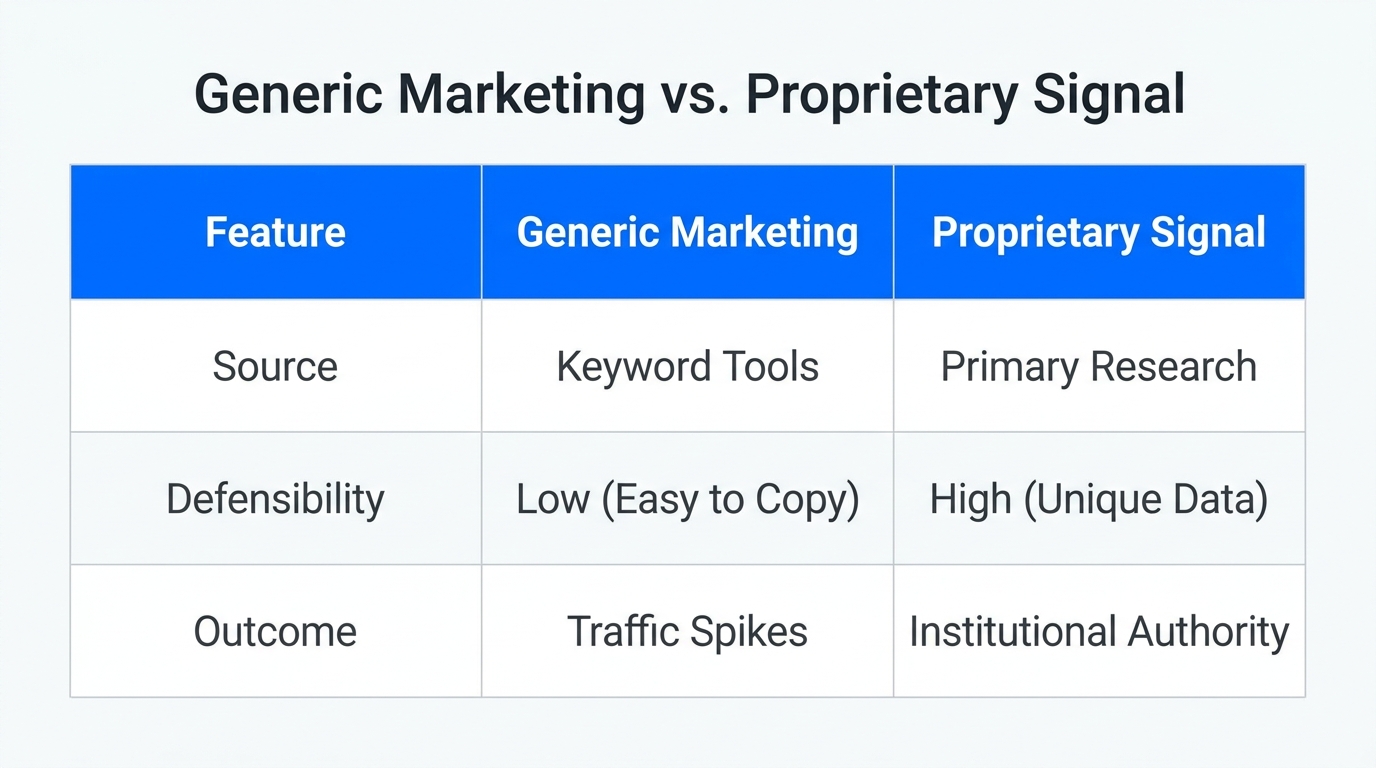 Comparison of generic SEO content versus proprietary research-led signals.