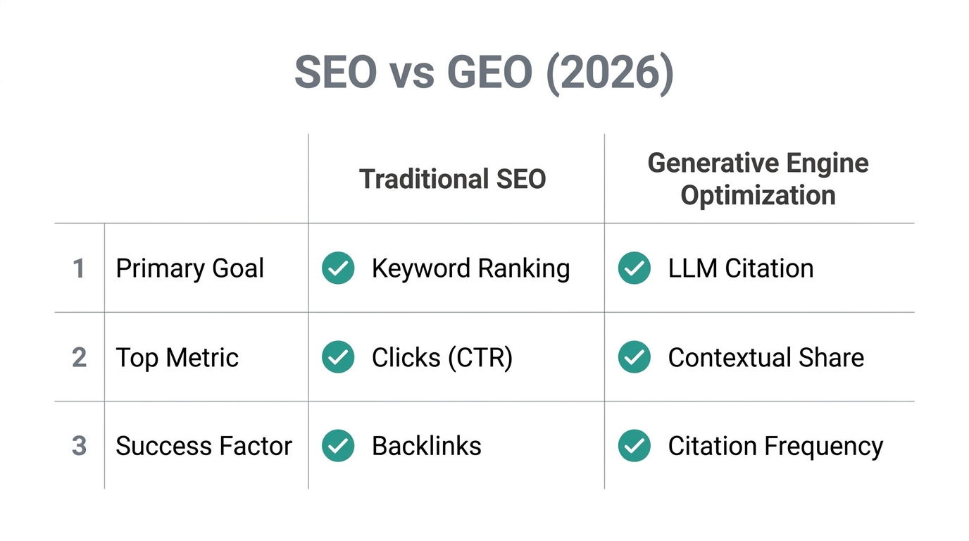 Comparison of traditional SEO metrics versus 2026 GEO citation benchmarks.