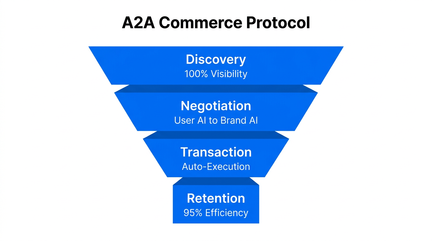The Agent-to-Agent (A2A) commerce funnel for automated brand transactions.