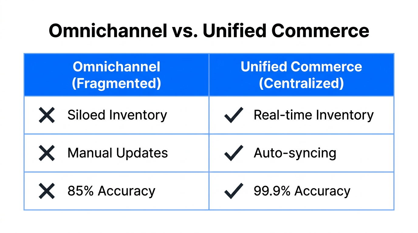 Comparison of fragmented omnichannel silos versus centralized unified commerce systems.