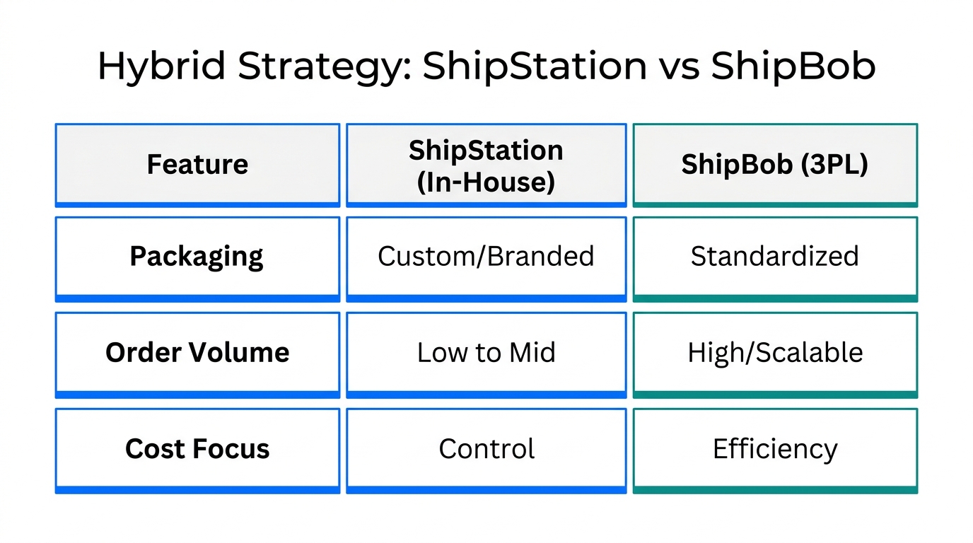 Comparison of in-house ShipStation fulfillment versus ShipBob 3PL services.