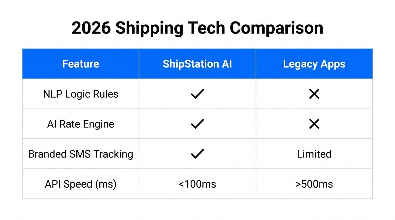 Feature comparison between ShipStation AI and legacy shipping platforms.
