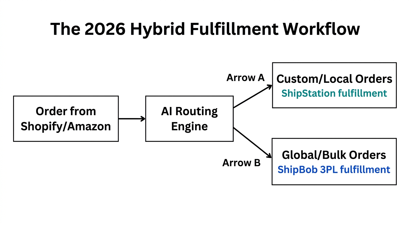 Hybrid fulfillment strategy using both ShipStation and ShipBob systems.