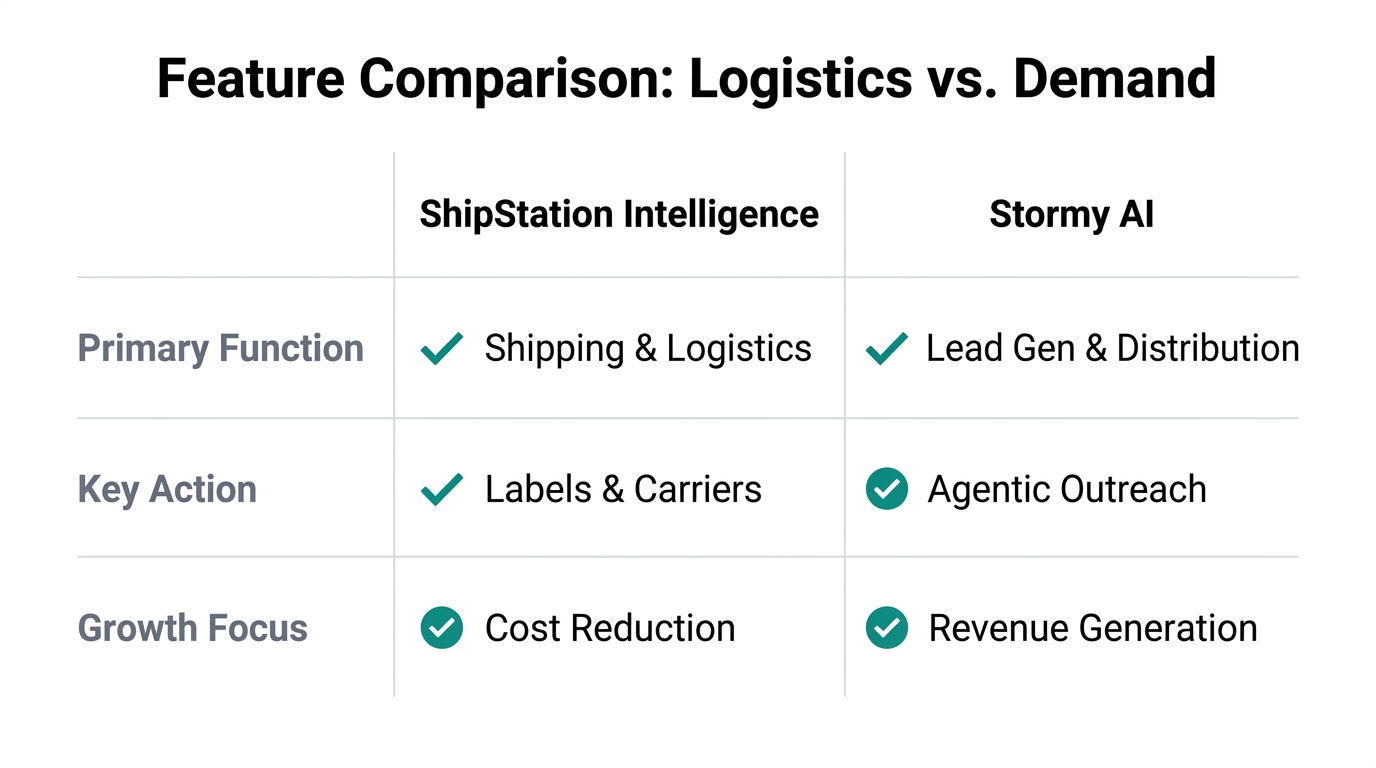 Direct comparison between ShipStation logistics and Stormy AI demand generation.