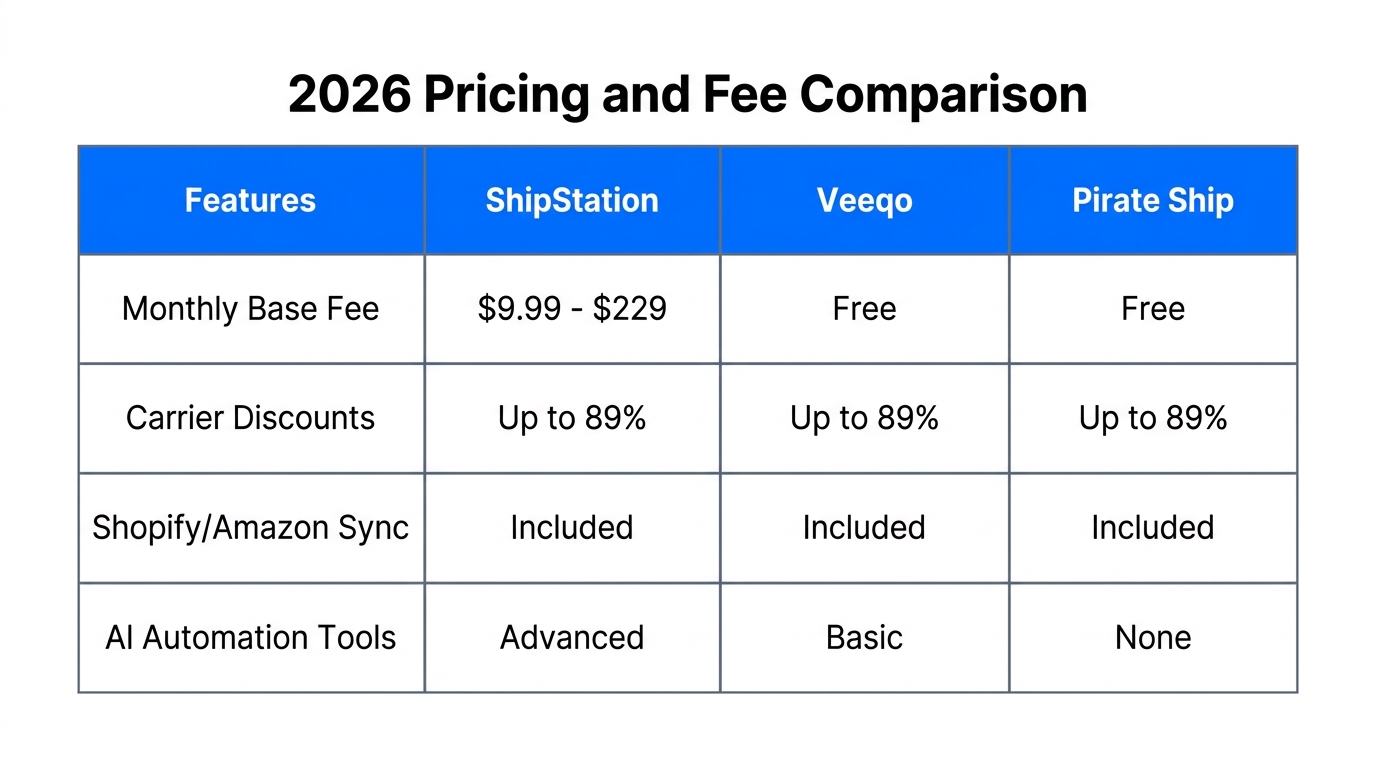 Comparison of monthly fees and features for 2026 shipping software.