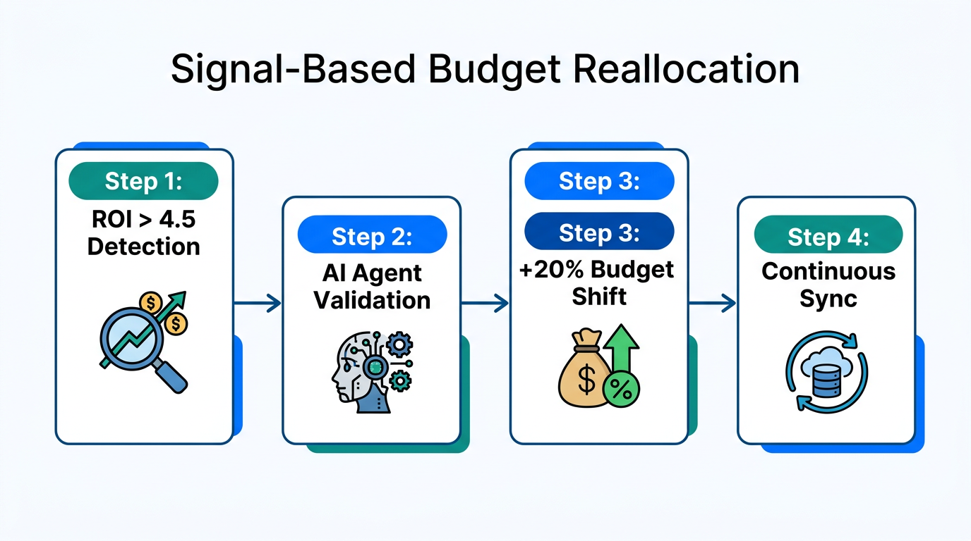 Workflow for autonomous signal-based budget reallocation in Shopify Ads.