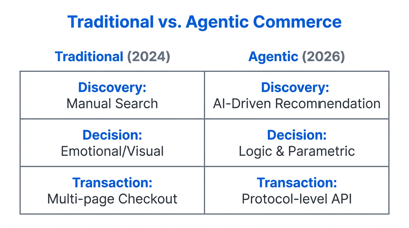 Comparison of manual shopping versus autonomous AI-agent commerce models.