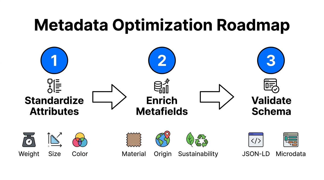Three-step technical roadmap for optimizing Shopify store metadata for agents.
