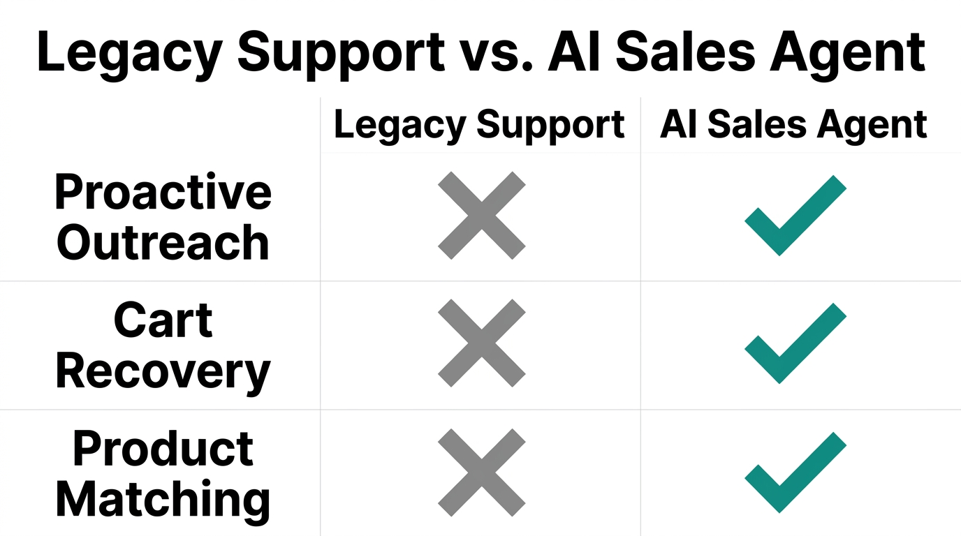 Comparison of capabilities between traditional support tools and AI sales agents.