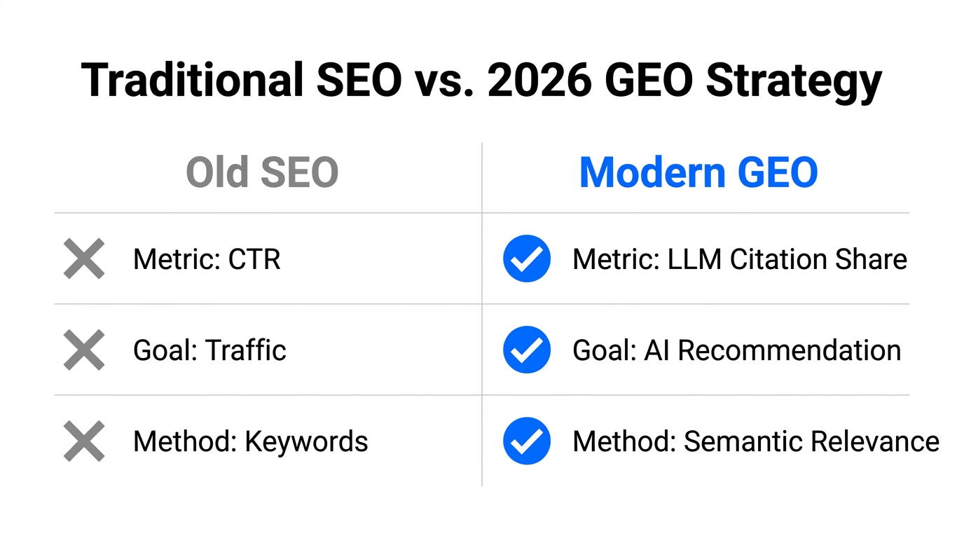 Comparison of traditional SEO metrics versus 2026 Generative Engine Optimization goals.