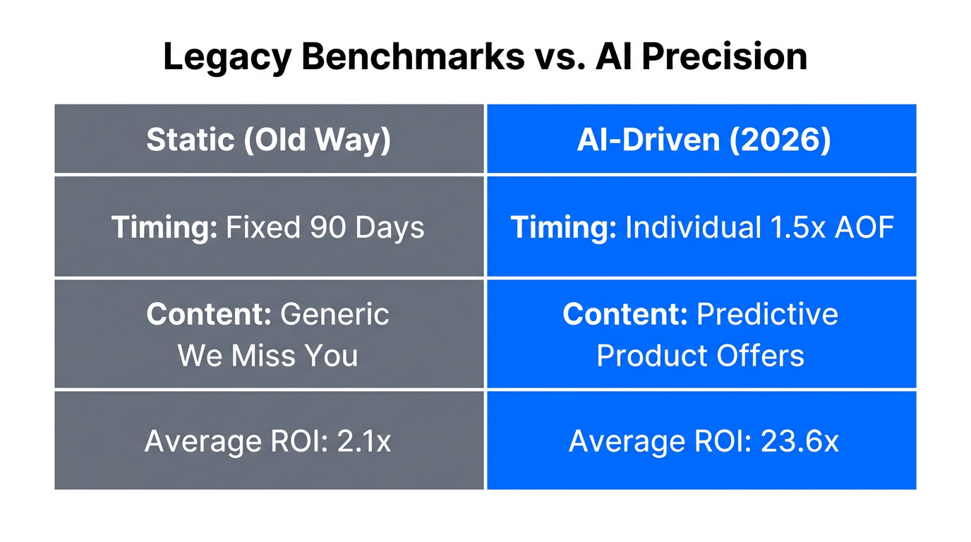 Comparison showing why static 90-day benchmarks are inferior to AI timing.