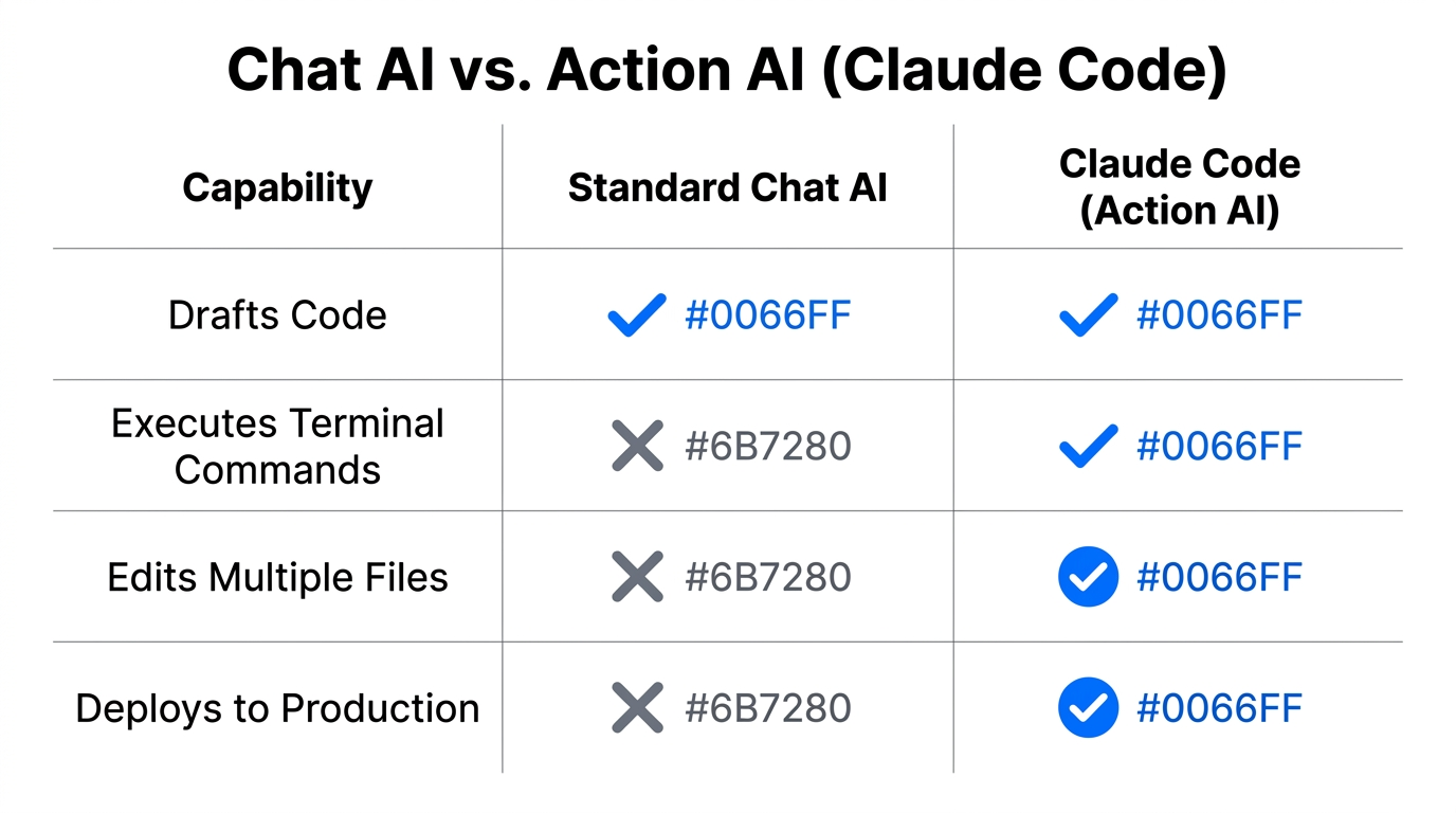 Comparison of capabilities between traditional Chat AI and Claude Code.