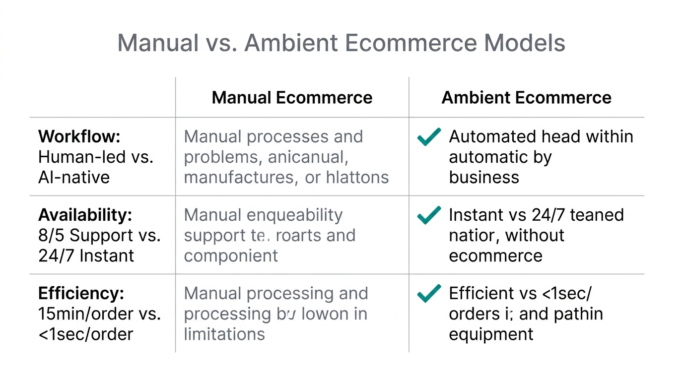 Table comparing traditional manual workflows with AI-native ambient commerce.