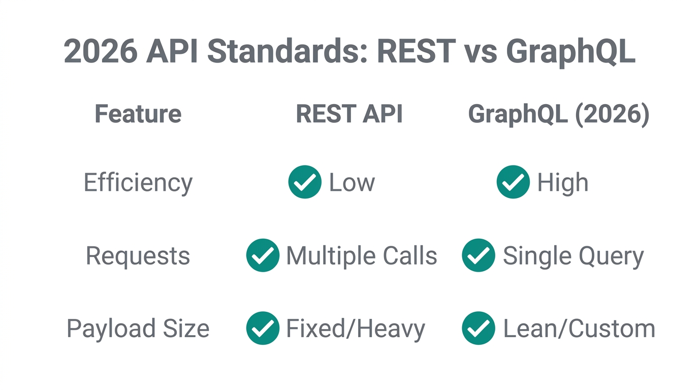 Comparison between legacy REST APIs and the 2026 GraphQL standard.