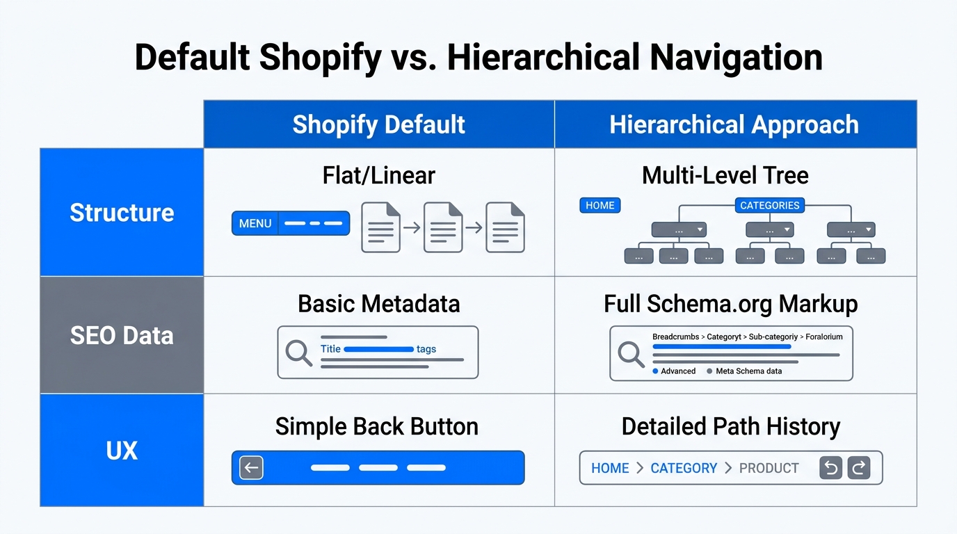 Comparison of Shopify default navigation versus optimized hierarchical breadcrumb structures.