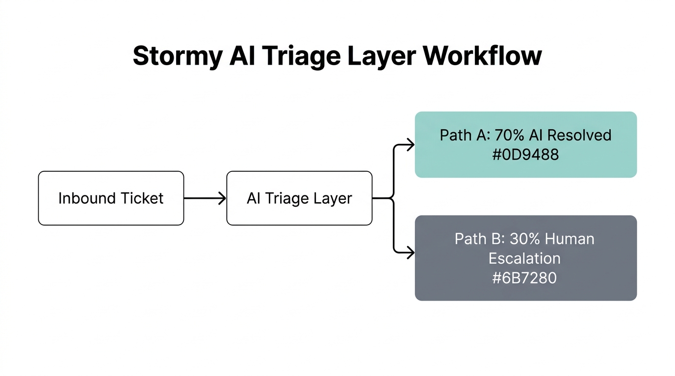 Workflow showing how AI triage filters tickets before human intervention.