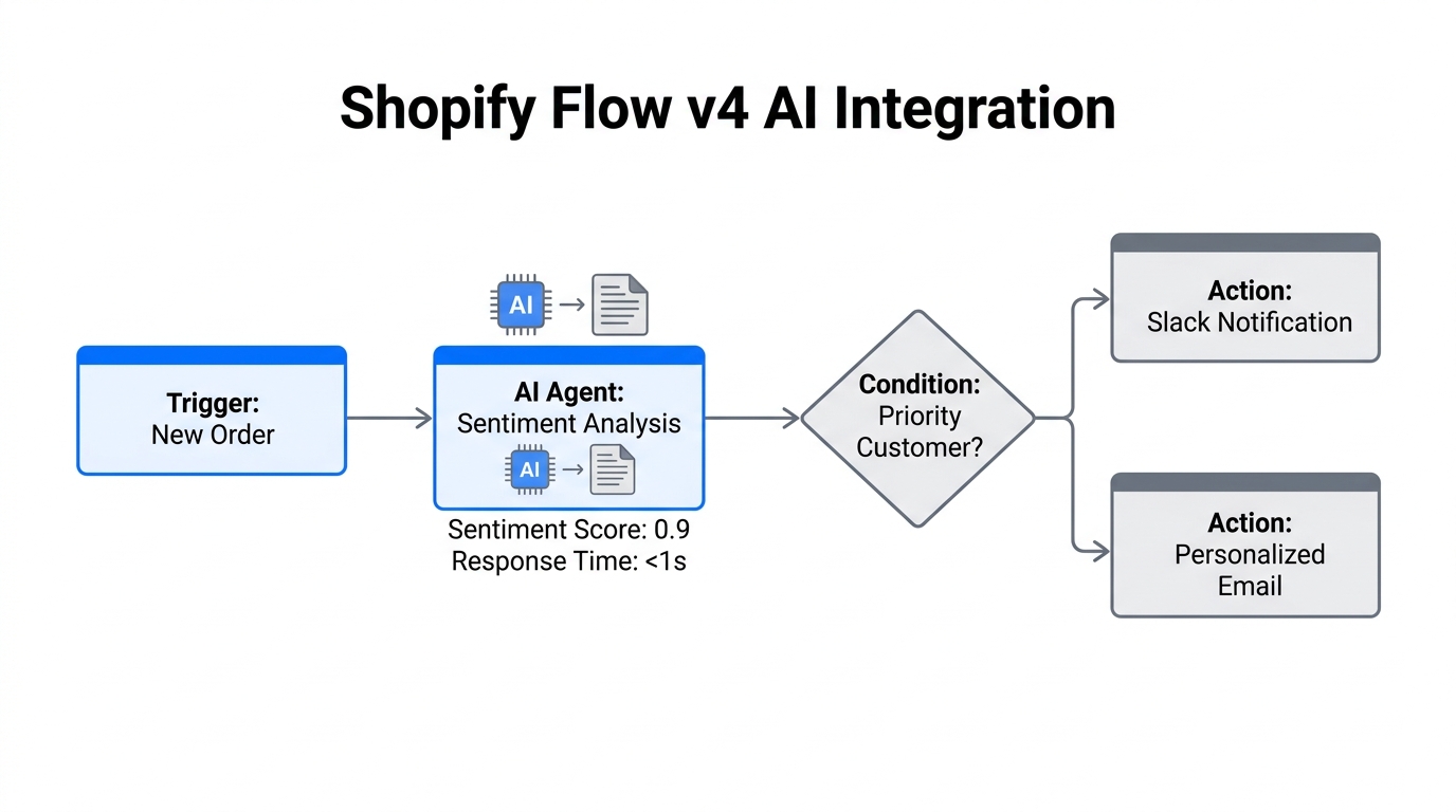 Automation workflow showing AI sentiment analysis integrated with Shopify Flow.