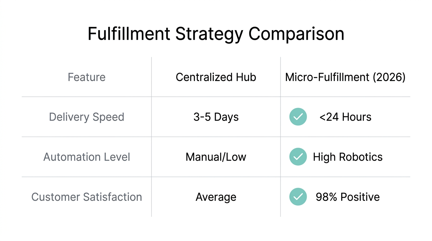 Comparison of traditional centralized shipping versus modern AI-driven micro-fulfillment.