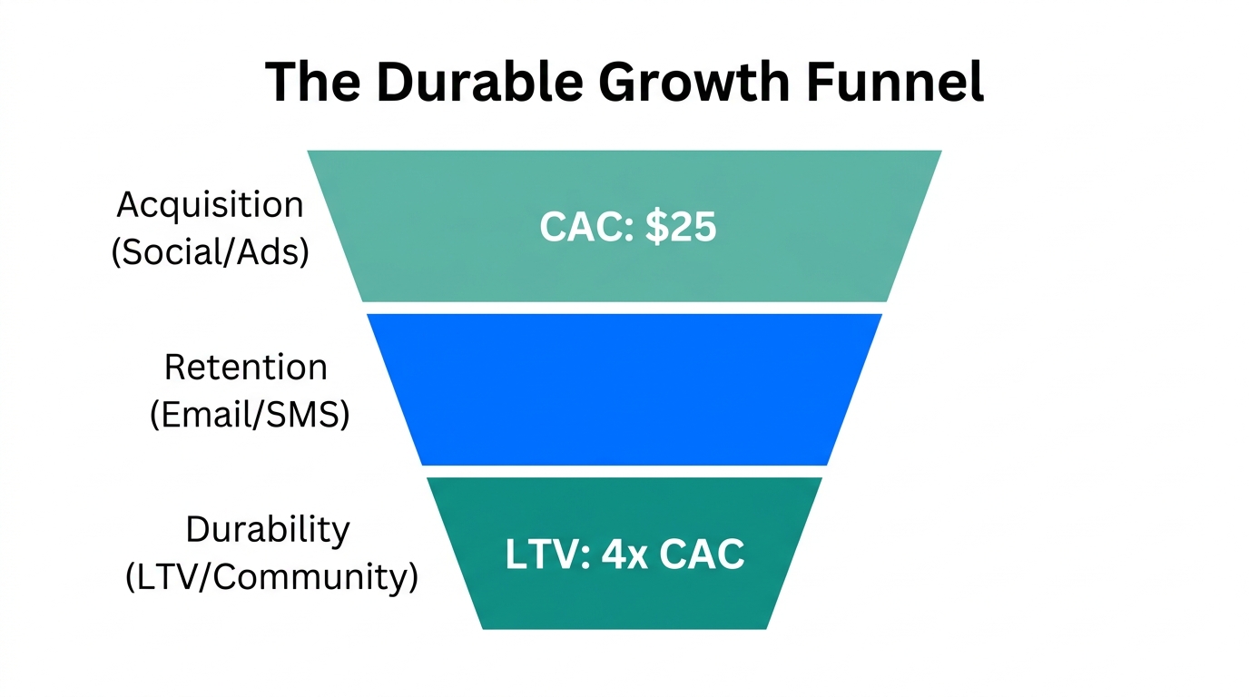 Scaling funnel focused on durability and LTV metrics.