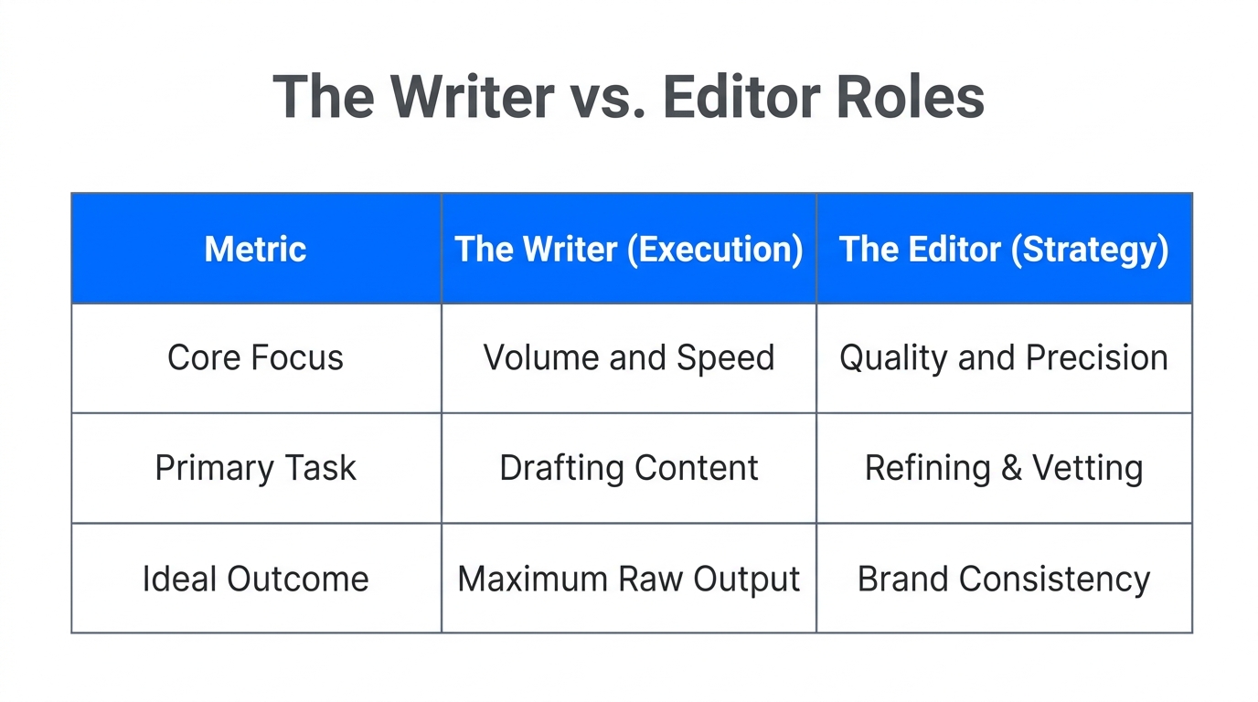Comparison of Writer and Editor roles in brand leadership.