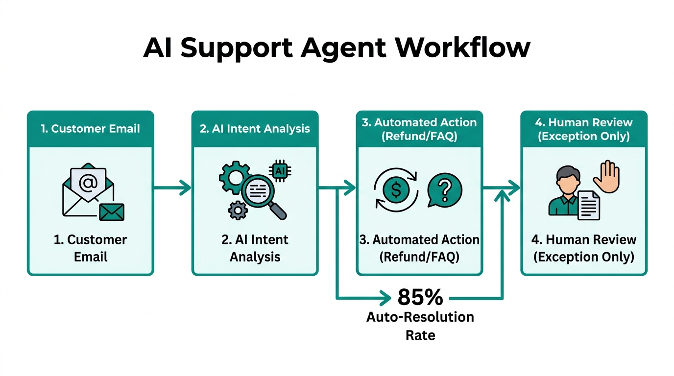 A standard workflow for deploying AI agents in customer support.