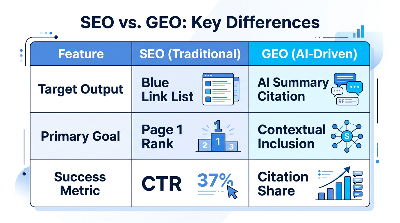 Comparison table showing the evolution from traditional SEO to GEO.