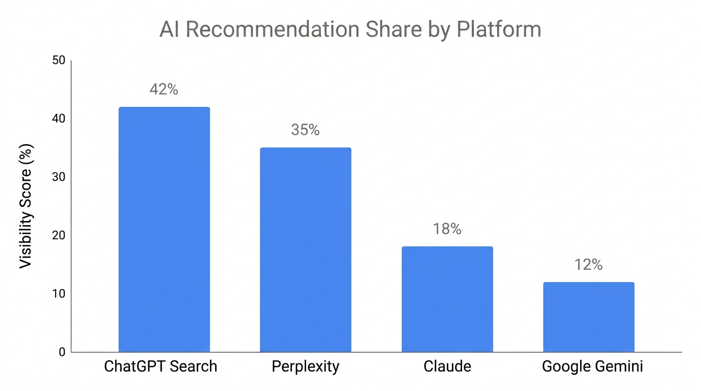 Comparative analysis of store visibility across leading AI search engines.