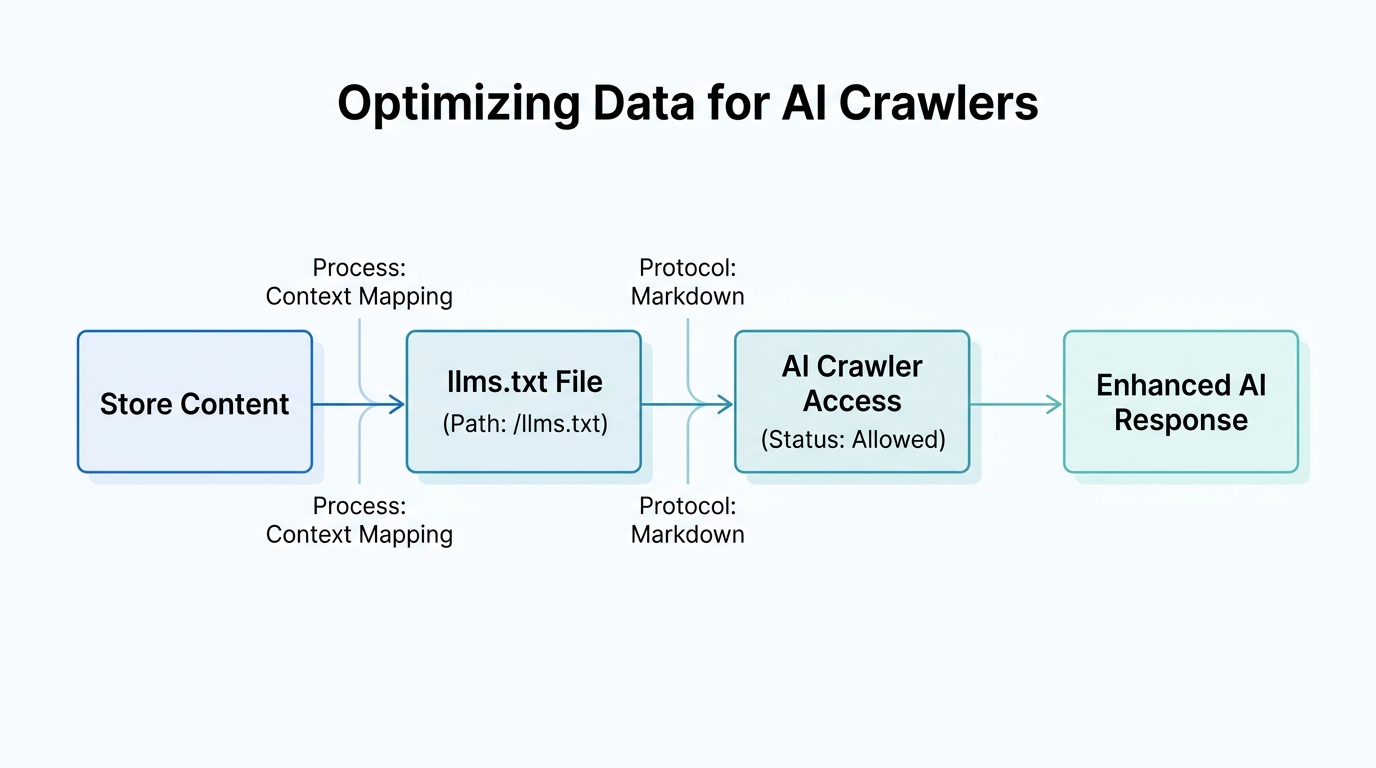 Technical workflow for implementing llms.txt to improve AI data ingestion.